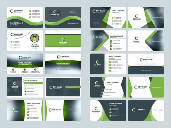 Visitenkartenvorlagen. Schreibwaren Design Vektor Set. grüne und schwarze Farben. flache Vektor-Illustration — Stockvektor