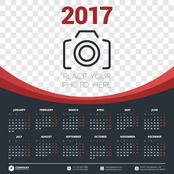 Ημερολόγιο για 2017 έτος. Πρότυπο επιστολόχαρτου σχεδίασης διανύσματος. Η εβδομάδα αρχίζει τη Δευτέρα. Εικόνα διανυσματικών χρωμάτων επίπεδου στυλ. Πρότυπο ετήσιου ημερολογίου — Διανυσματικό Αρχείο