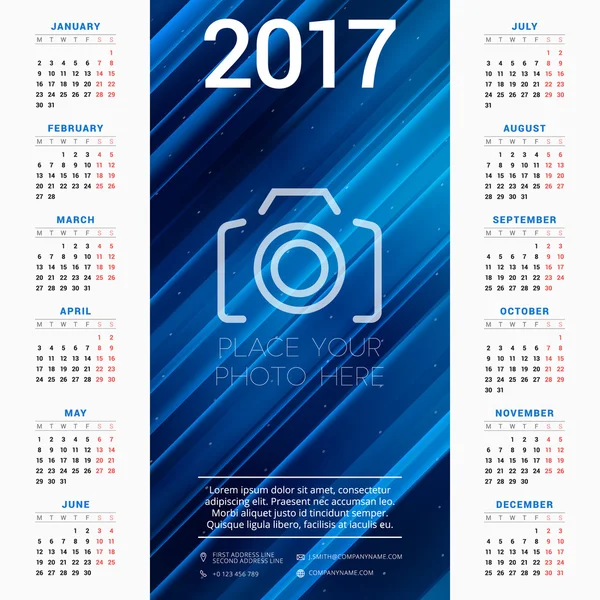 Calendar for 2017 year. Vector design stationery template. Week starts Monday. Flat style color vector illustration. Yearly calendar template — Stock Vector