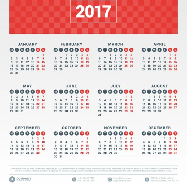 Calendar for 2017 year. Vector design stationery template. Week starts Monday. Flat style color vector illustration. Yearly calendar template — Stock Vector