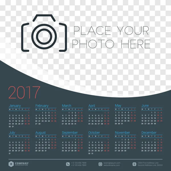 Kalender für 2017 Jahr. Vektor Design Briefpapier Vorlage. Die Woche beginnt am Montag. Flachbild-Farbvektorillustration. Vorlage für Jahreskalender — Stockvektor