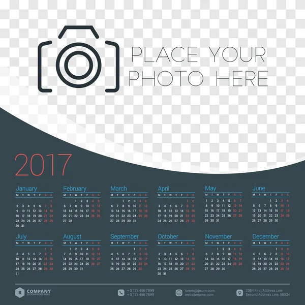 Calendar for 2017 year. Vector design stationery template. Week starts Monday. Flat style color vector illustration. Yearly calendar template — Stock Vector