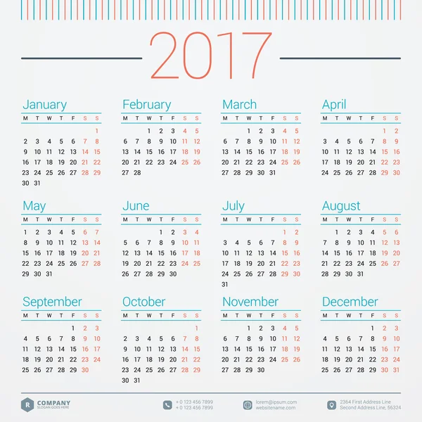 Calendario per l'anno 2017. Modello di cancelleria di design vettoriale. La settimana inizia lunedì. Illustrazione vettoriale a colori in stile piatto. Modello di calendario annuale — Vettoriale Stock