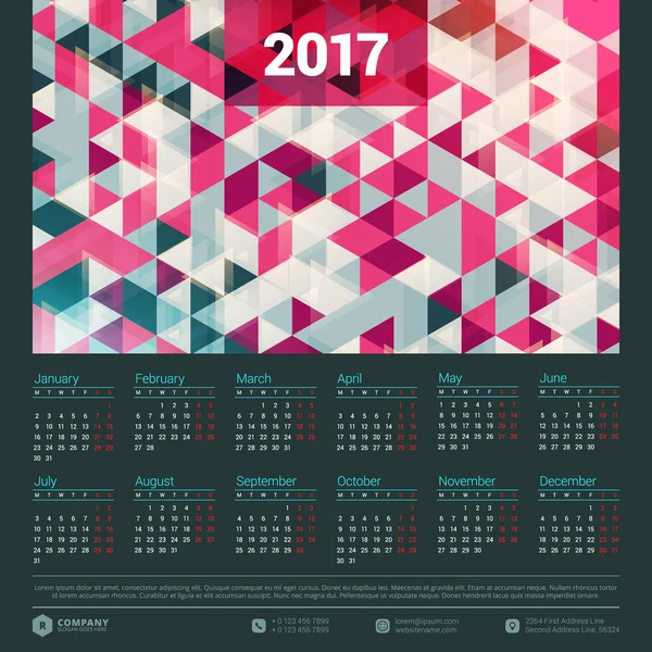 Calendário para 2017 ano. Modelo de papelaria de design vetorial. A semana começa segunda-feira. Ilustração vetorial de cor de estilo plano. Modelo de calendário anual — Vetor de Stock