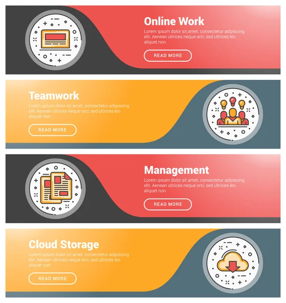 Düz tasarım konsepti. Düz çizgi iş web sitesi afiş şablonları kümesi. Wesite üstbilgiler için şablon. Vektör illüstrasyon. Daire içinde modern ince çizgi simgeleri. Online İş, Takım Çalışması, Yönetim, Bulut St