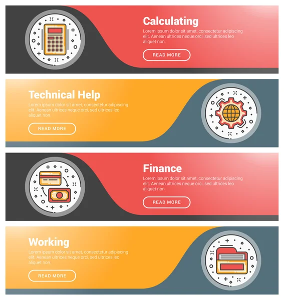 Concept de design plat. Ensemble de modèles de bannière de site Web d'entreprise de ligne plate. Modèle pour en-têtes wesite. Illustration vectorielle. icônes de ligne mince moderne en cercle. Calculer, Aide technique, Finance, Worki — Image vectorielle