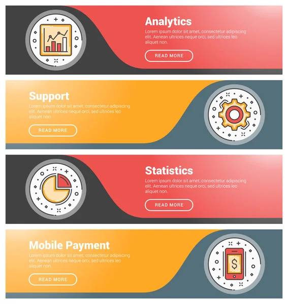 Düz tasarım konsepti. Düz çizgi iş web sitesi afiş şablonları kümesi. Wesite üstbilgiler için şablon. Vektör illüstrasyon. Daire içinde modern ince çizgi simgeleri. Analitik, Destek, İstatistik, Mobil Paym