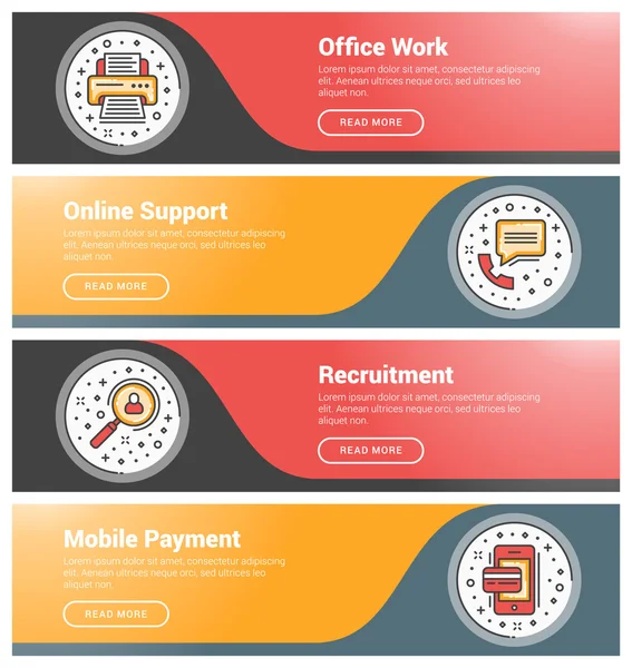Düz tasarım konsepti. Düz çizgi iş web sitesi afiş şablonları kümesi. Wesite üstbilgiler için şablon. Vektör illüstrasyon. Daire içinde modern ince çizgi simgeleri. Ofis Çalışması, Online Destek, İşe Alım, M