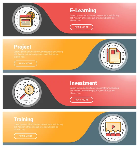 Düz tasarım konsepti. Düz çizgi iş web sitesi afiş şablonları kümesi. Wesite üstbilgiler için şablon. Vektör illüstrasyon. Daire içinde modern ince çizgi simgeleri. E-öğrenme, Proje, Yatırım, Eğitim