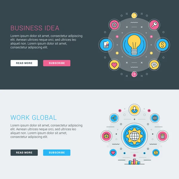 一组平面业务网站横幅模板。矢量插图。圆形的现代细线图标。Web 横幅和促销材料的插图概念。经营理念。全球工作 — 图库矢量图片