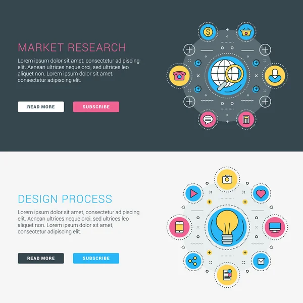 Set di modelli di banner per siti web aziendali a linea piatta. Illustrazione vettoriale. Icone moderne a linea sottile in cerchio. Concetti illustrativi per banner web e materiali promozionali. Ricerche di mercato. Processo di progettazione — Vettoriale Stock