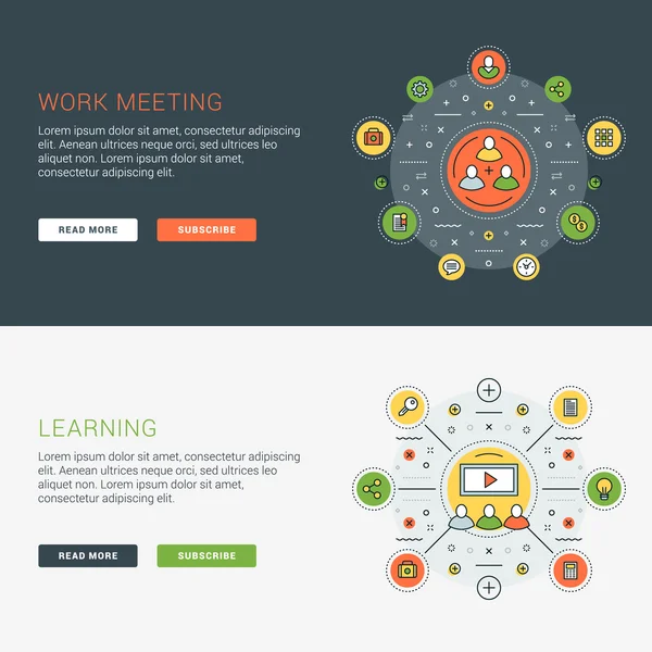 フラットラインビジネスウェブサイトバナーテンプレートのセット。ベクトルイラスト。円の中の現代の細い線のアイコン。Web バナーおよびプロモーション資料のイラストコンセプト。仕事の会議。学習 — ストックベクタ