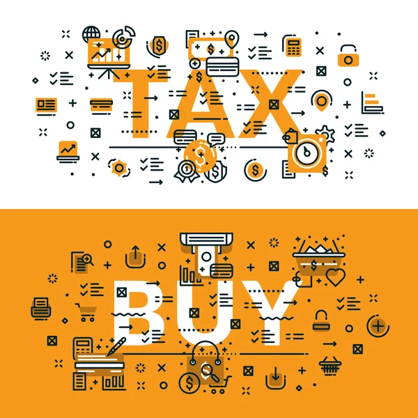 Tax and Buy heading, title, web banner. Horizontal colored in white and yellow flat vector illustration. — Stock Vector