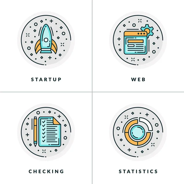 Affaires et travail. Ensemble de quatre icônes au démarrage, web, vérification, statistiques. Coloris en illustrations vectorielles plates grises, orange et bleues . — Image vectorielle