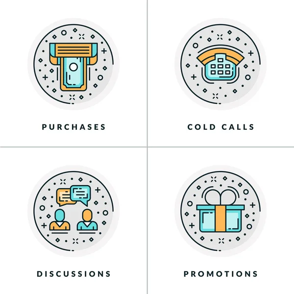 Affaires et travail. Ensemble de quatre icônes à l'achat, appels à froid, discussions, promotions. Coloris en illustrations vectorielles plates grises, orange et bleues . — Image vectorielle