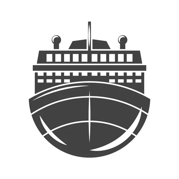 Schip vooraanzicht. Zwart pictogram, logo element, platte vectorillustratie geïsoleerd op witte achtergrond. — Stockvector