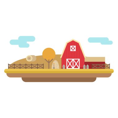 Vector Flat Style Illustration of Farm Landscape with Farmhouses and Fields on Light Background