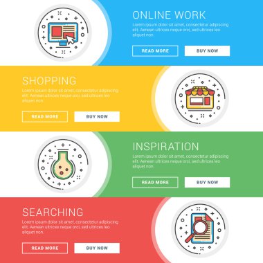 Düz çizgi iş web sitesi afiş şablonları kümesi. Wesite üstbilgiler için şablon. Vektör illüstrasyon. Daire içinde modern ince çizgi simgeleri. Online İş, Alışveriş, İlham, Bilgi Arama