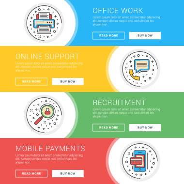 Düz çizgi iş web sitesi afiş şablonları kümesi. Wesite üstbilgiler için şablon. Vektör illüstrasyon. Daire içinde modern ince çizgi simgeleri. Ofis Çalışması, Online Destek, İşe Alım, Mobil Ödeme