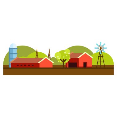 Vector Flat Style Illustration of Farm Landscape with Farmhouses and Fields on Light Background