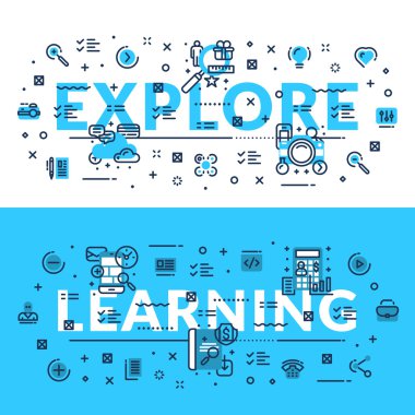 Keşfetmek ve öğrenme başlığı, başlık, web afiş. Beyaz ve mavi düz vektör çiziminde yatay renkli.