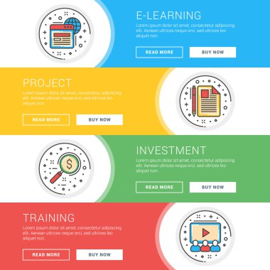 Düz çizgi iş web sitesi afiş şablonları kümesi. Wesite üstbilgiler için şablon. Vektör illüstrasyon. Daire içinde modern ince çizgi simgeleri. E-öğrenme, Proje, Yatırım, Eğitim
