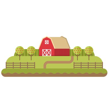 Vector Flat Style Illustration of Farm Landscape with Farmhouses and Fields on Light Background