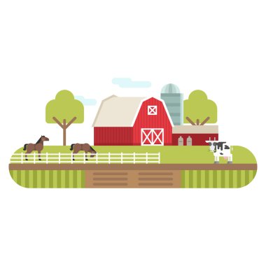 Vector Flat Style Illustration of Farm Landscape with Farmhouses and Fields on Light Background