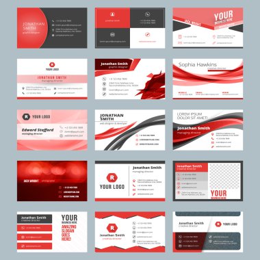Kartvizit şablonları. İleti örneği tasarım vektör kümesi. Kırmızı ve siyah renkleri. Düz stil vektör çizim