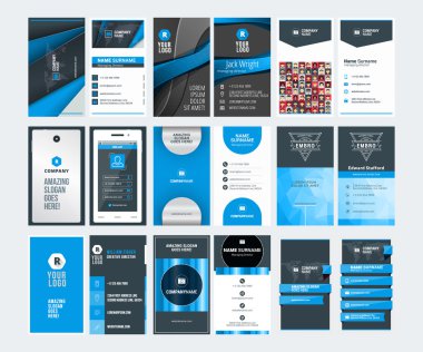 Modern yaratıcı kartvizit şablonları kümesi. Mavi ve siyah renk. Düz stil vektör çizim. İleti örneği tasarım