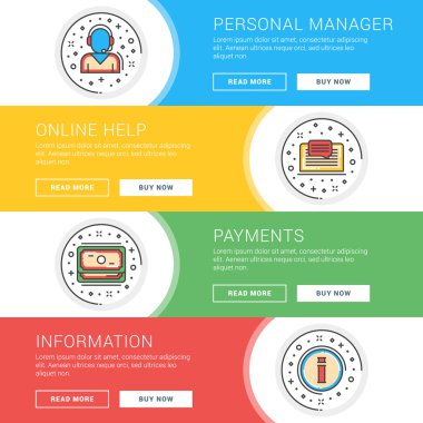 Düz çizgi iş web sitesi afiş şablonları kümesi. Wesite üstbilgiler için şablon. Vektör illüstrasyon. Daire içinde modern ince çizgi simgeleri. Kişisel Yönetici, Online Yardım, Ödemeler, Bilgi