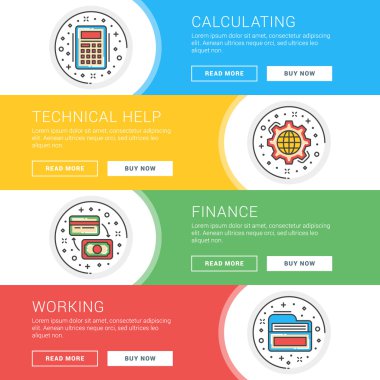 Düz çizgi iş web sitesi afiş şablonları kümesi. Wesite üstbilgiler için şablon. Vektör illüstrasyon. Daire içinde modern ince çizgi simgeleri. Hesaplama, Teknik Yardım, Finans, Çalışma