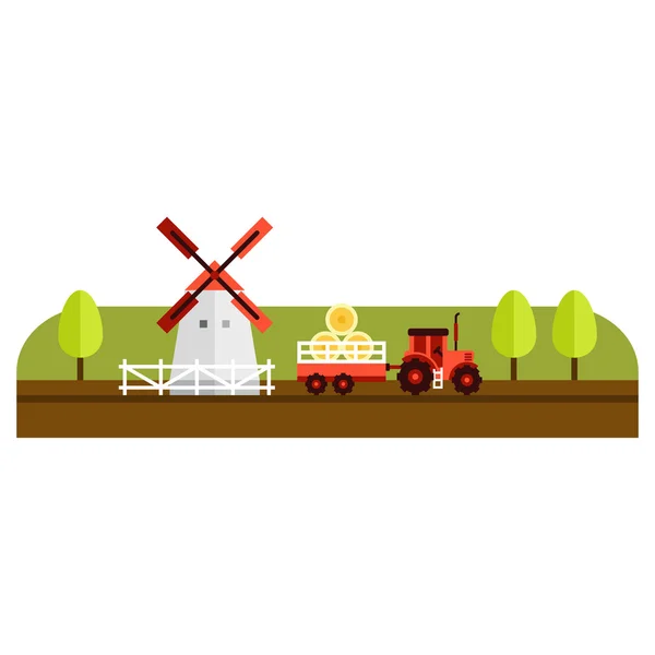 Ilustração em estilo plano vetorial da paisagem agrícola com fazendas e campos em fundo leve —  Vetores de Stock