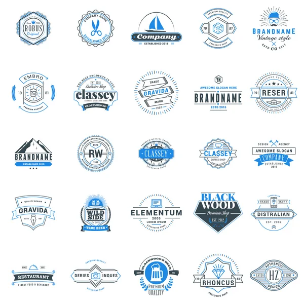 Retro logo şablonlar kümesi. 25 öğeler topluluğu. Tipografik rozetleri. Simge simgeler. Etiketler. Siyah ve mavi renkler — Stok Vektör