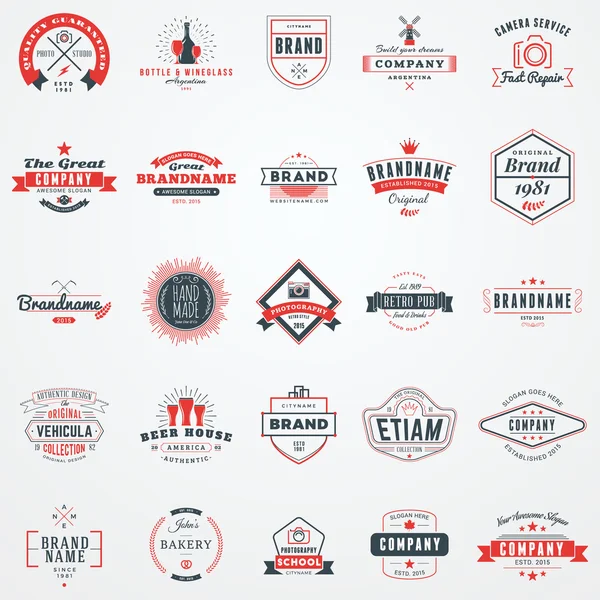 Set of retro logotype templates. Collection of 25 items. Typographic badges. Icon symbols. Labels. Black and Red colors — Stock Vector