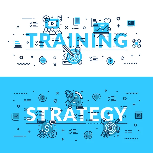 Képzés és stratégia cím, cím, Web Banner. Vízszintes színű síkvektorillusztráció. — Stock Vector