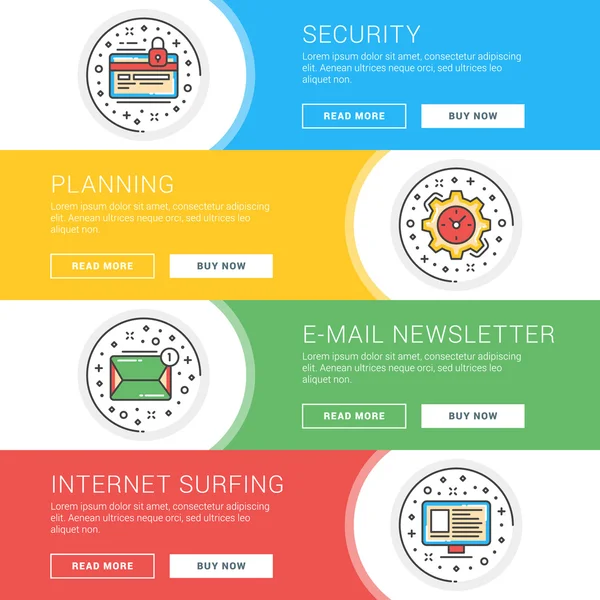 Zestaw płaskich szablonów banerów internetowych dla firm. Szablon dla nagłówków wesite. Ilustracja wektorowa. Nowoczesne cienkie ikony linii w okręgu. Ochrona walut, planowanie, E-mail newsletter, Internet Surfi — Wektor stockowy