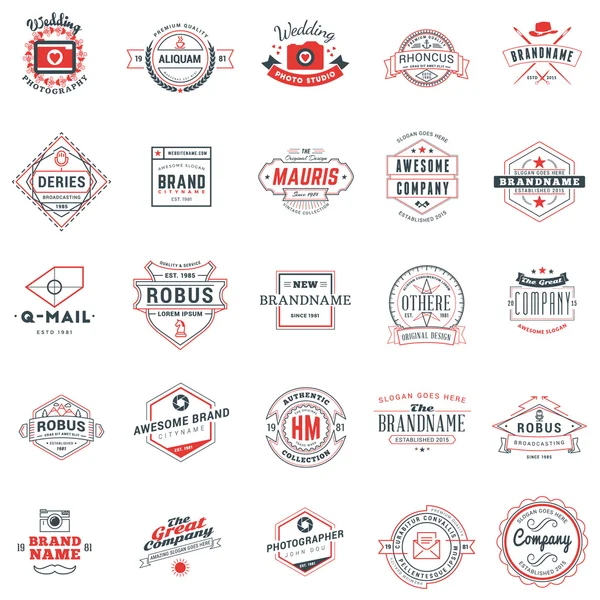 Set of retro logotype templates. Collection of 25 items. Typographic badges. Icon symbols. Labels. Black and Red colors — Stock Vector