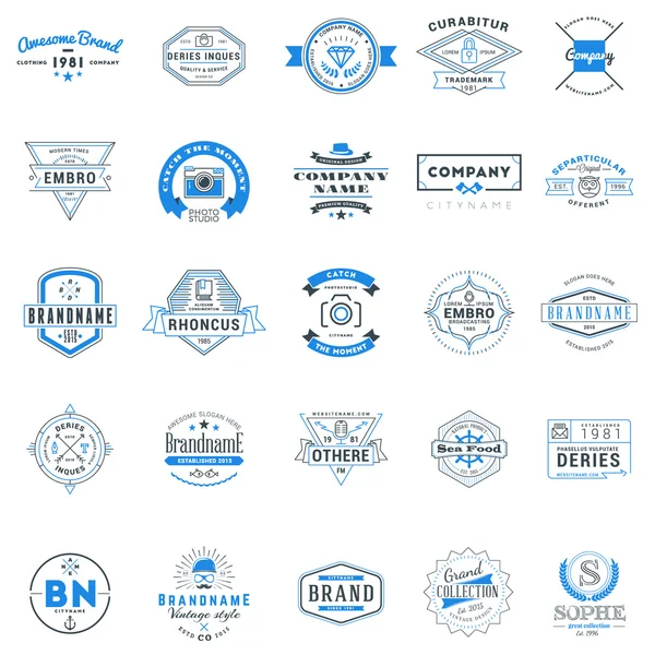 レトロなロゴのテンプレートのセット。25 項目のコレクション。文字体裁のバッジ。アイコンのシンボル。ラベルを付けます。黒と青の色 — ストックベクタ