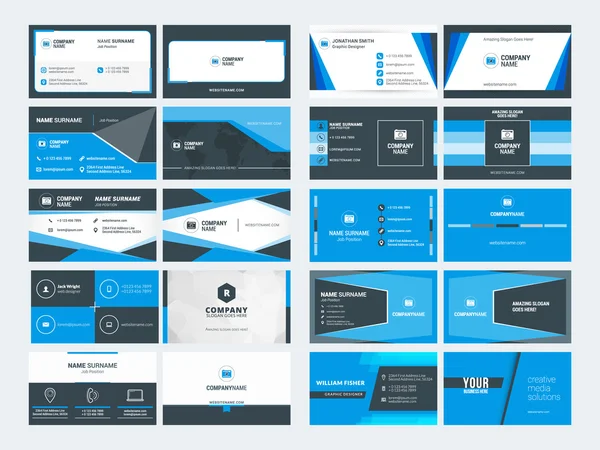 Satz moderner kreativer Visitenkartenvorlagen. blaue und schwarze Farben. flache Vektorillustration. Schreibwarendesign — Stockvektor