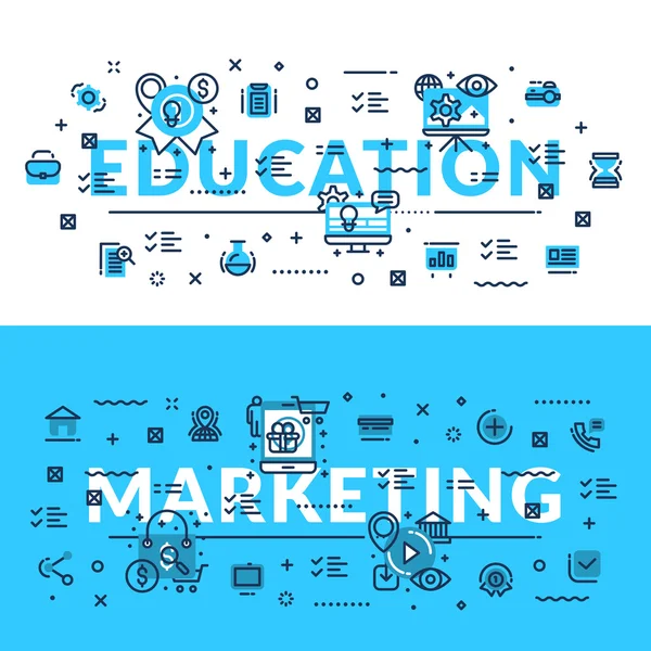 Encabezados de educación y marketing, títulos, banner web. Horizontal coloreado en blanco y azul ilustración vectorial plana . — Vector de stock