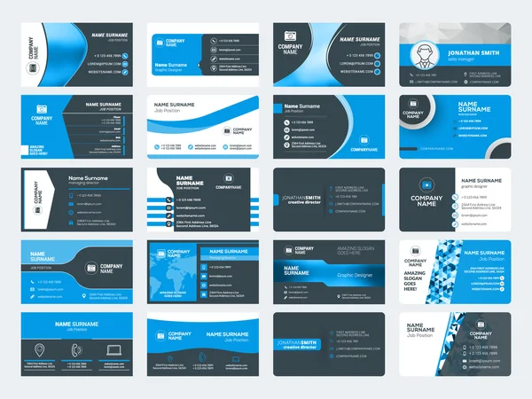 Satz moderner kreativer Visitenkartenvorlagen. blaue und schwarze Farben. flache Vektorillustration. Schreibwarendesign — Stockvektor