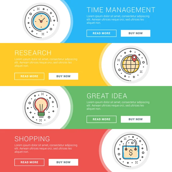 フラット ライン ビジネスのウェブサイト バナー テンプレートのセットです。開けないヘッダーのテンプレート。ベクトルの図。サークルでモダンな細い線のアイコン。時間管理、研究、素晴らしいアイデアは、ショッピング — ストックベクタ