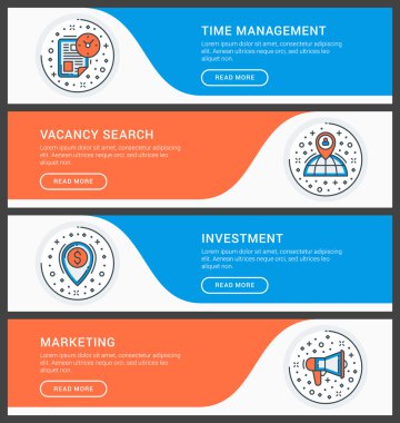 Düz çizgi iş web sitesi afiş şablonları kümesi. Vektör illüstrasyon. Daire içinde modern ince çizgi simgeleri. Zaman Yönetimi, Boşluk Arama, Yatırım, Pazarlama