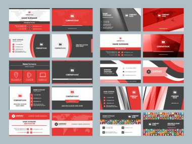 Kartvizit şablonları. İleti örneği tasarım vektör kümesi. Kırmızı ve siyah renkleri. Düz stil vektör çizim
