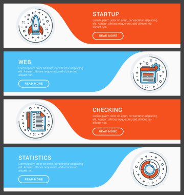 Düz çizgi iş web sitesi afiş şablonları kümesi. Vektör illüstrasyon. Daire içinde modern ince çizgi simgeleri. Başlangıç, Web, Kontrol, İstatistik