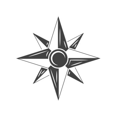 Rüzgar Gülü, Pusula Siyah simgesi, logo ögesi, beyaz arkaplanda izole edilmiş düz vektör çizimi.
