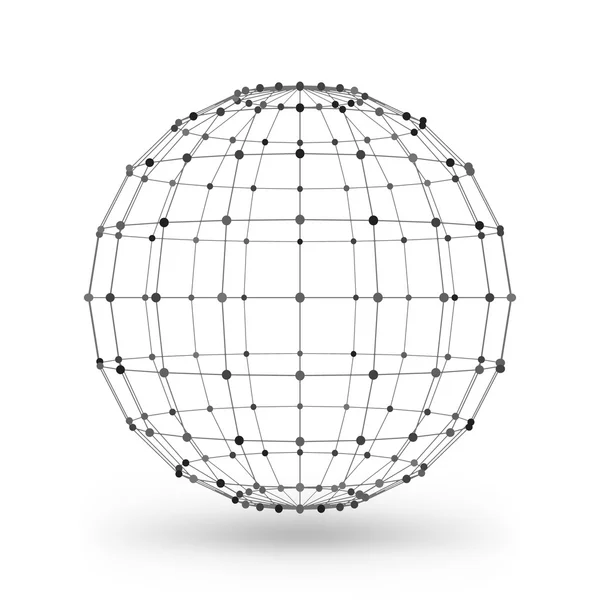 Elemento geometrico poligonale wireframe. Sfera con linee e punti collegati. Illustrazione vettoriale su sfondo bianco con sfumatura — Vettoriale Stock