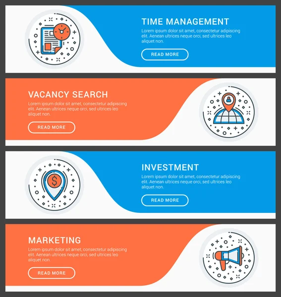 フラットラインビジネスウェブサイトバナーテンプレートのセット。ベクトルイラスト。円の中の現代の細い線のアイコン。時間管理、空室検索、投資、マーケティング — ストックベクタ