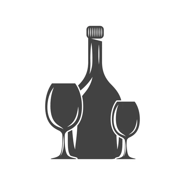 Botella y dos vasos. Icono negro, elemento logo, ilustración vectorial plana aislada sobre fondo blanco . — Archivo Imágenes Vectoriales